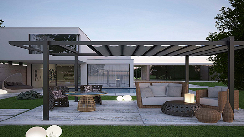 happy lifestyle presented by beautiful motorized pergola with retractable awning 